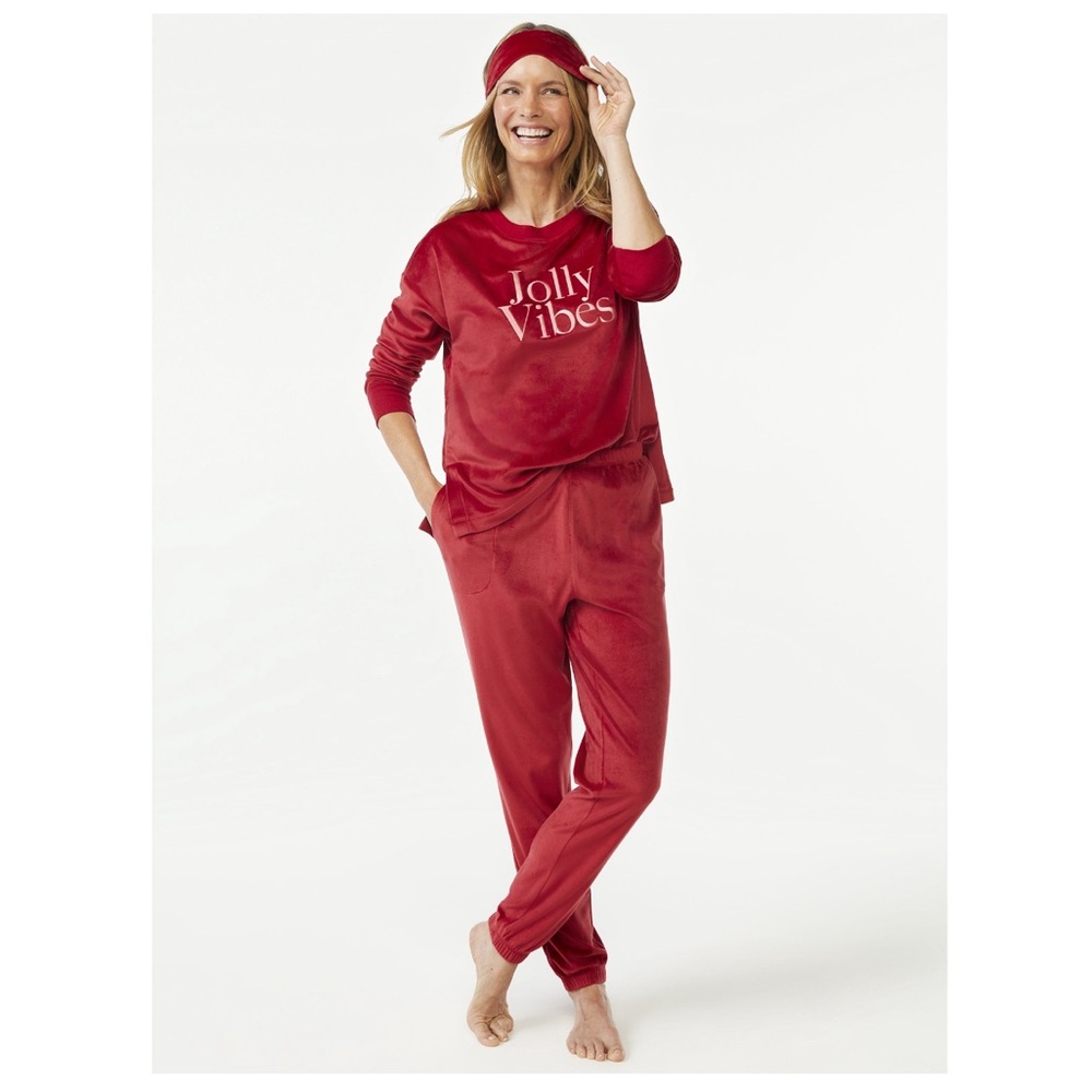 Women's Velour Pajama Sleep Set with Eye Mask, 3-Piece,